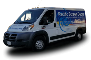 Pacific Screen Doors service van performing custom screen door installation Orange County at a customer home